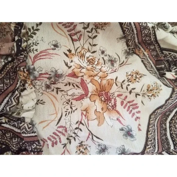 Large Women's Skirt Patchwork Floral Tile Print Brown Multi Ruffle by Miss U - Picture 6 of 8